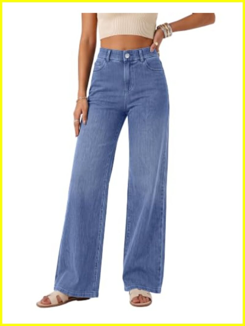 Wide Leg High Rise Pull On Denim Jeans for Women with Elastic Waistband Stretchy